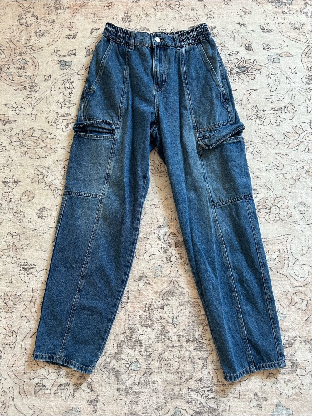 Bluenotes Women mHigh Rise Rigid Cargo Straight Elastic Waist Denim Jeans Medium